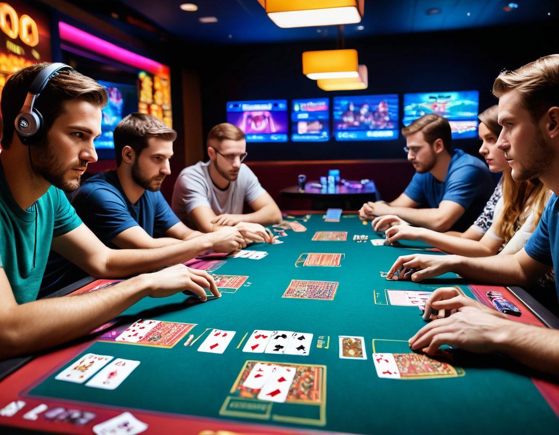 A dynamic scene featuring a diverse group of gamers intensely focused on a vibrant table covered with Rummy cards, with colorful chips scattered about. In the background, digital screens display strategic gameplay analytics, highlighting tactics and player insights. The atmosphere is electric, filled with excitement and strategy, capturing the essence of competitive gaming. super-realistic. vibrant colors. 3D.