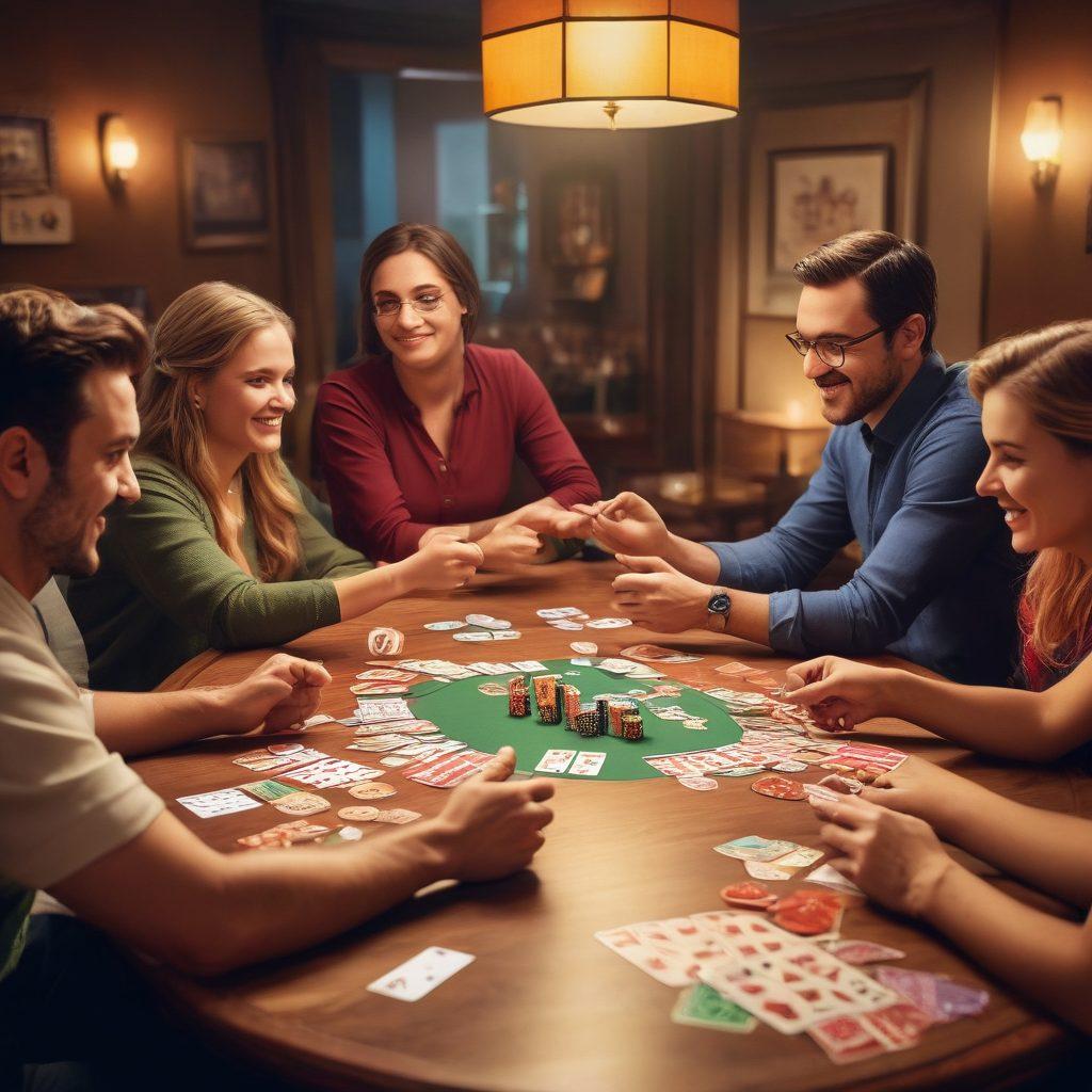 An engaging and dynamic scene featuring a diverse group of people gathered around a table, enthusiastically playing Rummy, with cards fanned out. Lively expressions convey excitement and camaraderie, while a backdrop of community elements like trophies, banners, and supportive messages enhances the atmosphere. The setting is vibrant and inviting, showcasing the transformation of the gaming experience with expert advice. colorful, super-realistic, warm lighting, inviting atmosphere.