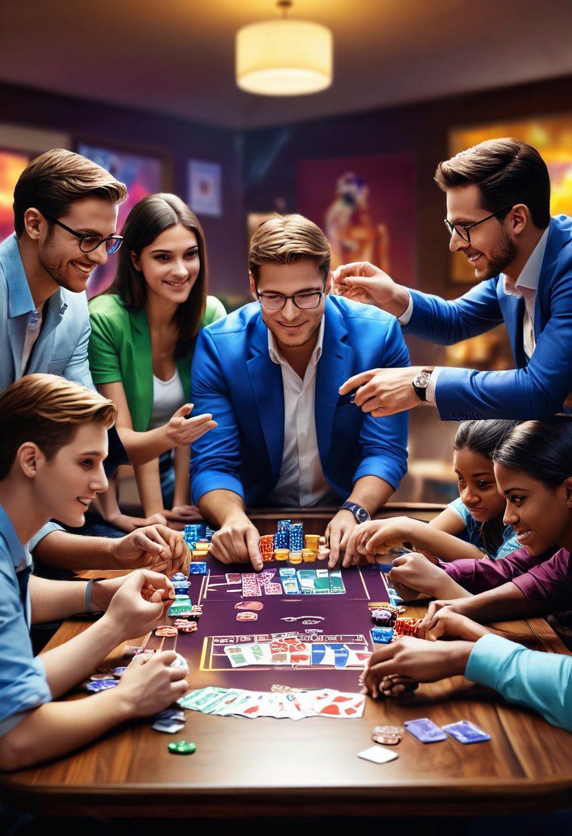 An engaging scene featuring diverse players gathered around a digital table, intensely focused on an online rummy game, with colorful cards and chips in front of them. The background should showcase a vibrant virtual gaming environment with hints of strategy charts and tips floating in the air. Incorporate a warm, inviting light to enhance the atmosphere of camaraderie and competition. super-realistic. vibrant colors. digital art.